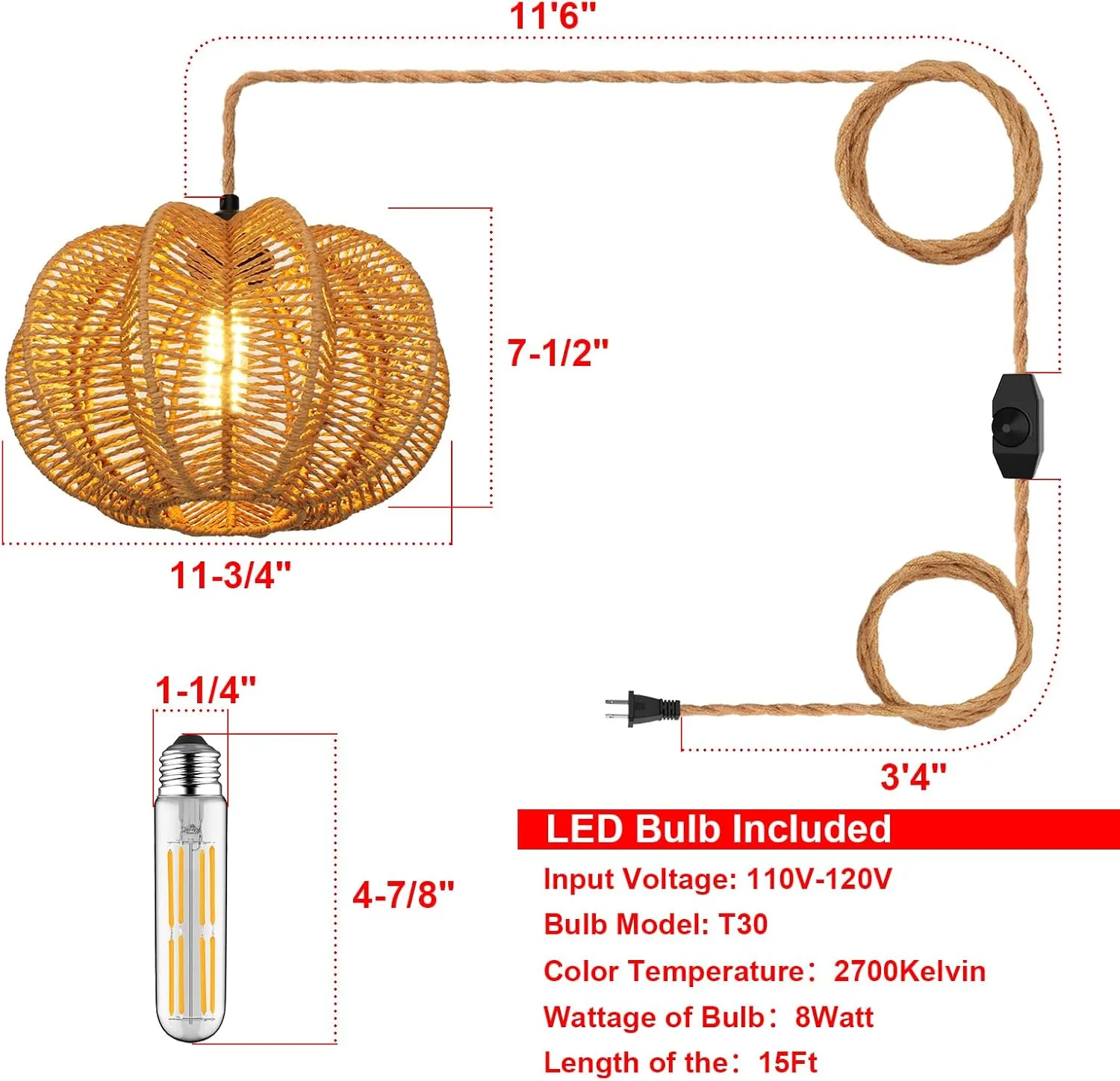 Plug in Pendant Light Rattan Hanging Lights with Plug in Cord 15FT Hemp Rope Cord, Dimmable Switch – Indoor Hanging Lamps for Boho Living Room Bedroom（Bulb Included） 11 x 7 inch