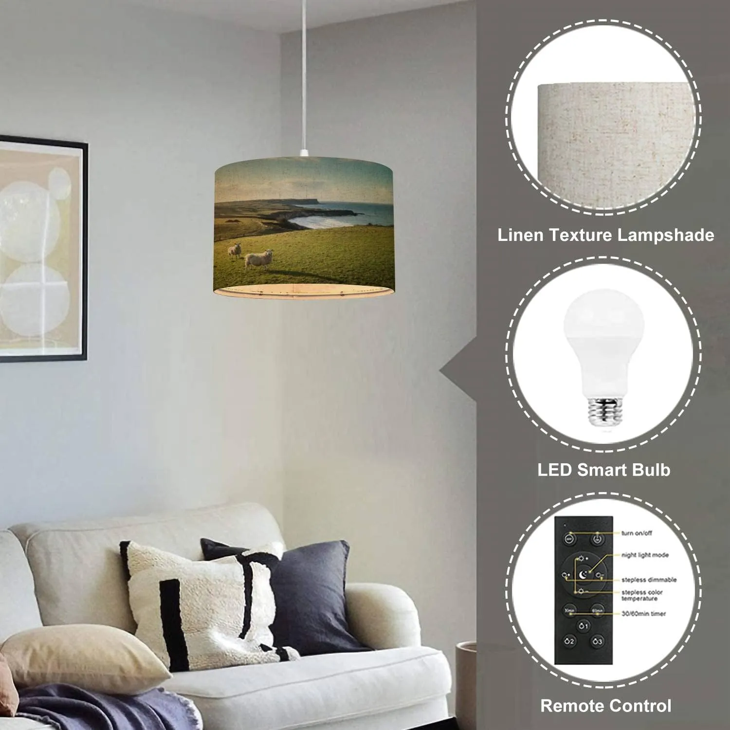 Plug in Pendant Light Two Sheep Standing Field at Sunset sea Rolling Hills Hanging Lamp with Plug in Clear Cord Linen Lampshade Dimmable Switch for Bedroom Living Room Light Fixtures