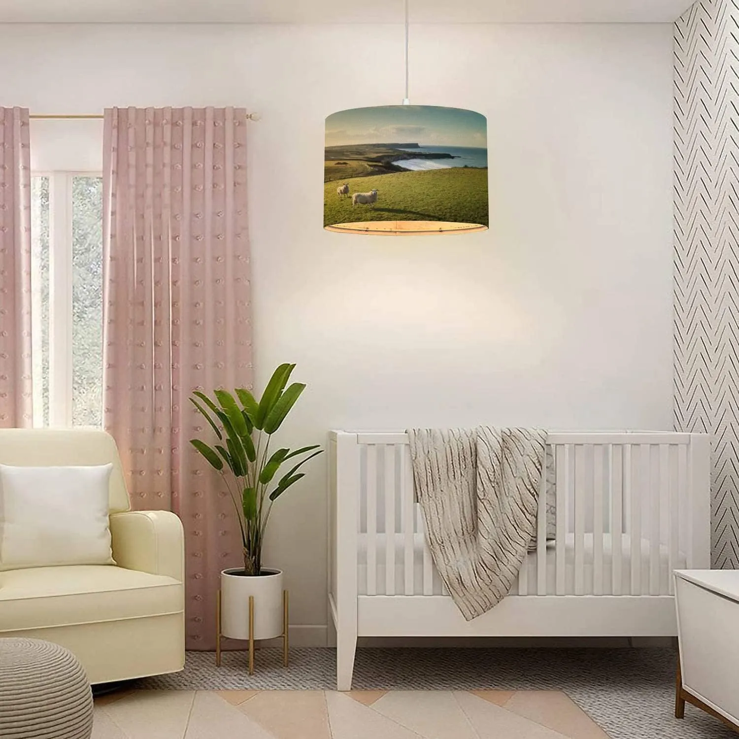 Plug in Pendant Light Two Sheep Standing Field at Sunset sea Rolling Hills Hanging Lamp with Plug in Clear Cord Linen Lampshade Dimmable Switch for Bedroom Living Room Light Fixtures