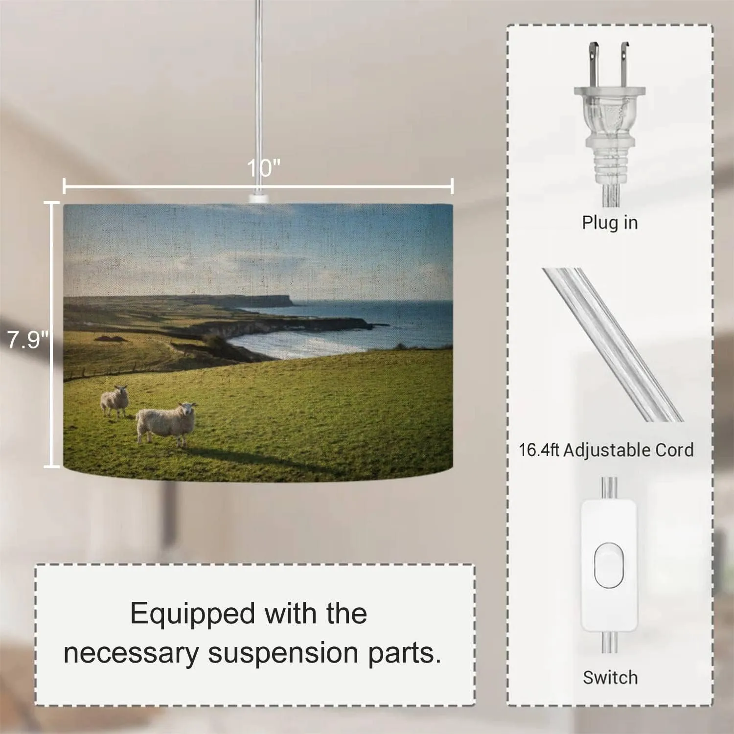 Plug in Pendant Light Two Sheep Standing Field at Sunset sea Rolling Hills Hanging Lamp with Plug in Clear Cord Linen Lampshade Dimmable Switch for Bedroom Living Room Light Fixtures