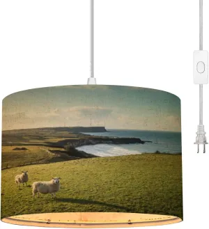 Plug in Pendant Light Two Sheep Standing Field at Sunset sea Rolling Hills Hanging Lamp with Plug in Clear Cord Linen Lampshade Dimmable Switch for Bedroom Living Room Light Fixtures