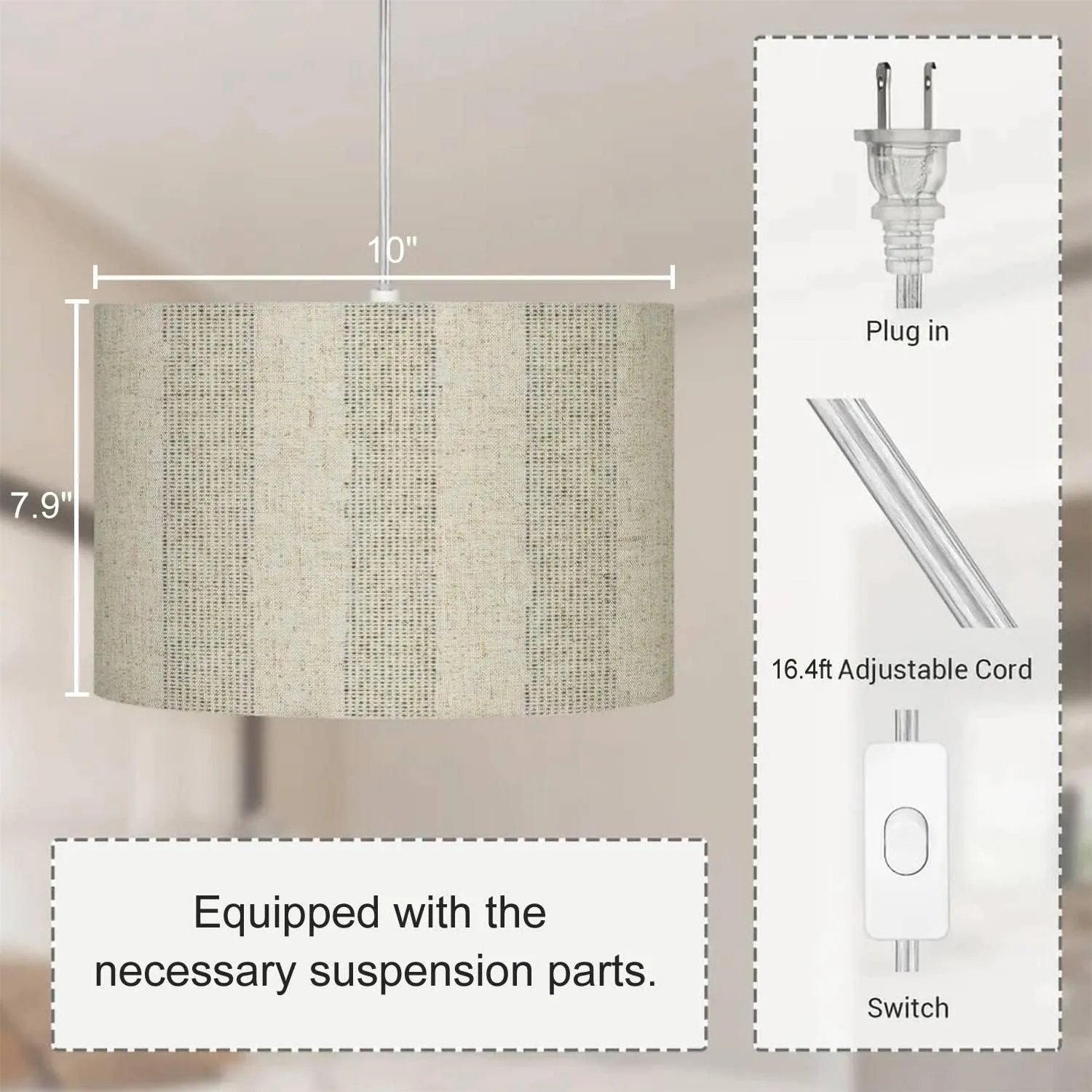 Plug in Pendant Light Washed Canvas Textured Subtle Stripes Seamless Hanging Lamp with 16.4FT Plug in Clear Cord Fabric Shade Dimmable Switch for Bedroom Living Room Kitchen