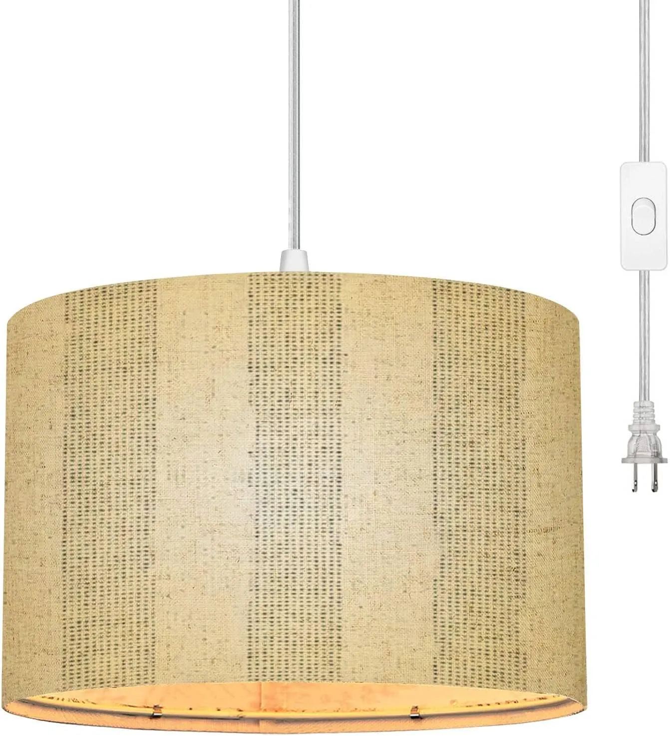 Plug in Pendant Light Washed Canvas Textured Subtle Stripes Seamless Hanging Lamp with 16.4FT Plug in Clear Cord Fabric Shade Dimmable Switch for Bedroom Living Room Kitchen