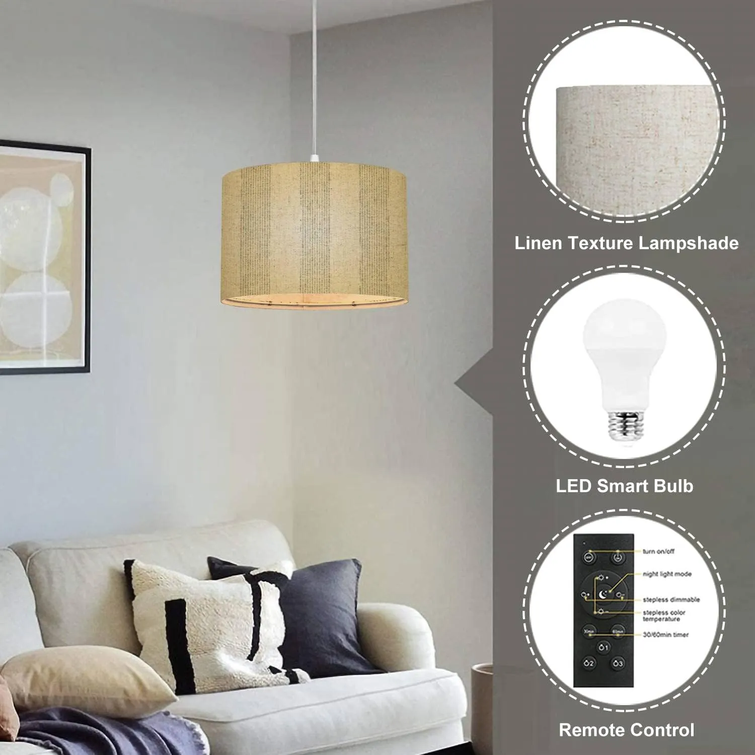 Plug in Pendant Light Washed Canvas Textured Subtle Stripes Seamless Hanging Lamp with 16.4FT Plug in Clear Cord Fabric Shade Dimmable Switch for Bedroom Living Room Kitchen