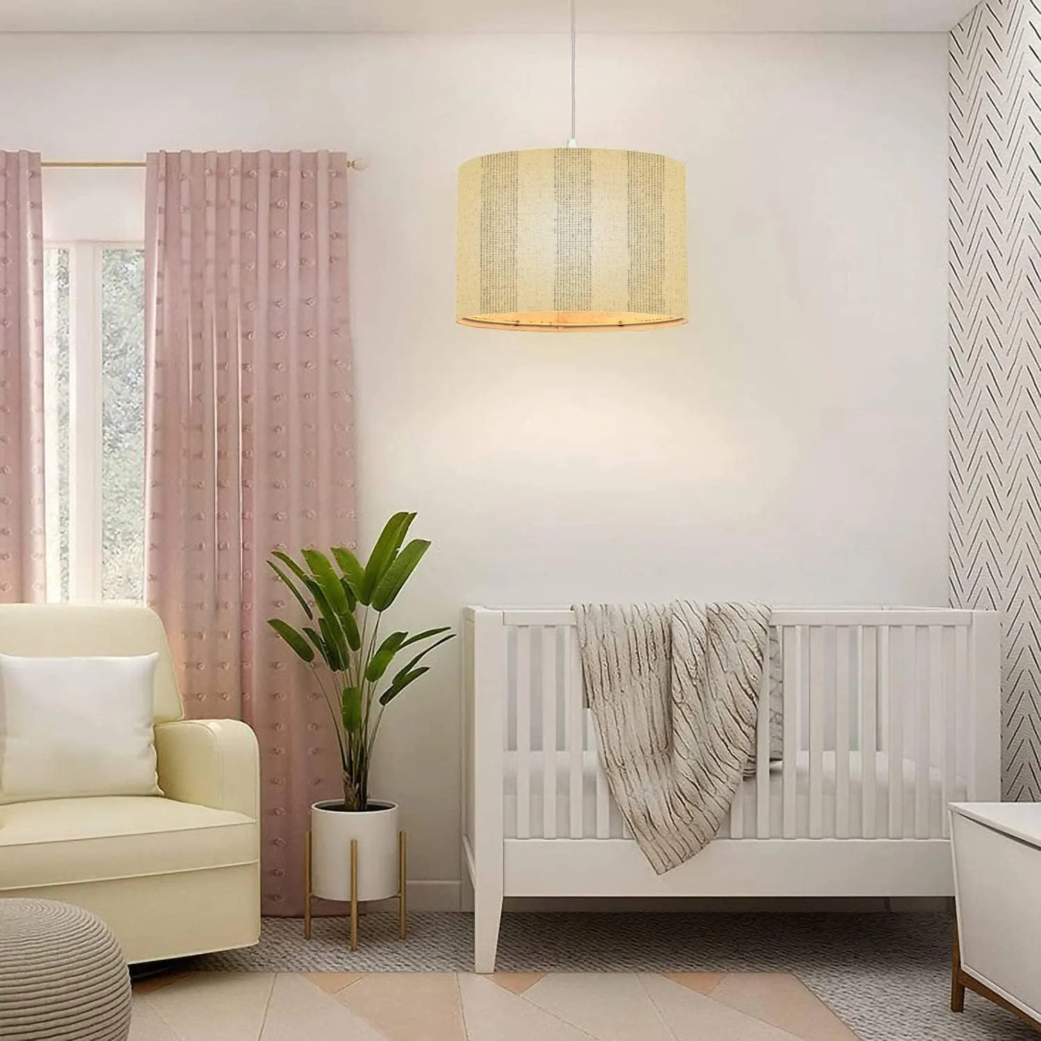Plug in Pendant Light Washed Canvas Textured Subtle Stripes Seamless Hanging Lamp with 16.4FT Plug in Clear Cord Fabric Shade Dimmable Switch for Bedroom Living Room Kitchen