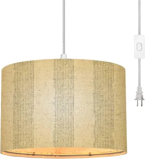 Plug in Pendant Light Washed Canvas Textured Subtle Stripes Seamless Hanging Lamp with 16.4FT Plug in Clear Cord Fabric Shade Dimmable Switch for Bedroom Living Room Kitchen