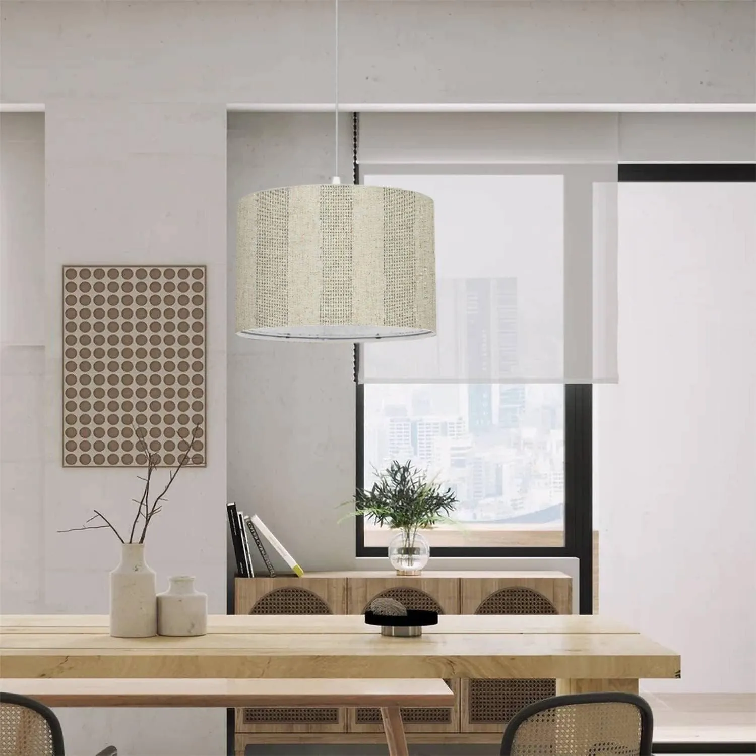 Plug in Pendant Light Washed Canvas Textured Subtle Stripes Seamless Hanging Lamp with 16.4FT Plug in Clear Cord Fabric Shade Dimmable Switch for Bedroom Living Room Kitchen