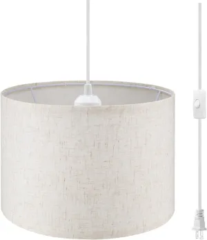 Plug in Pendant Light,15 FT Hanging Lamp with Plug in Cord, On/Off Switch, Beige Linen Shade, Hanging Light Fixture for Bedroom, Living Room, Dining Room, Kitchen