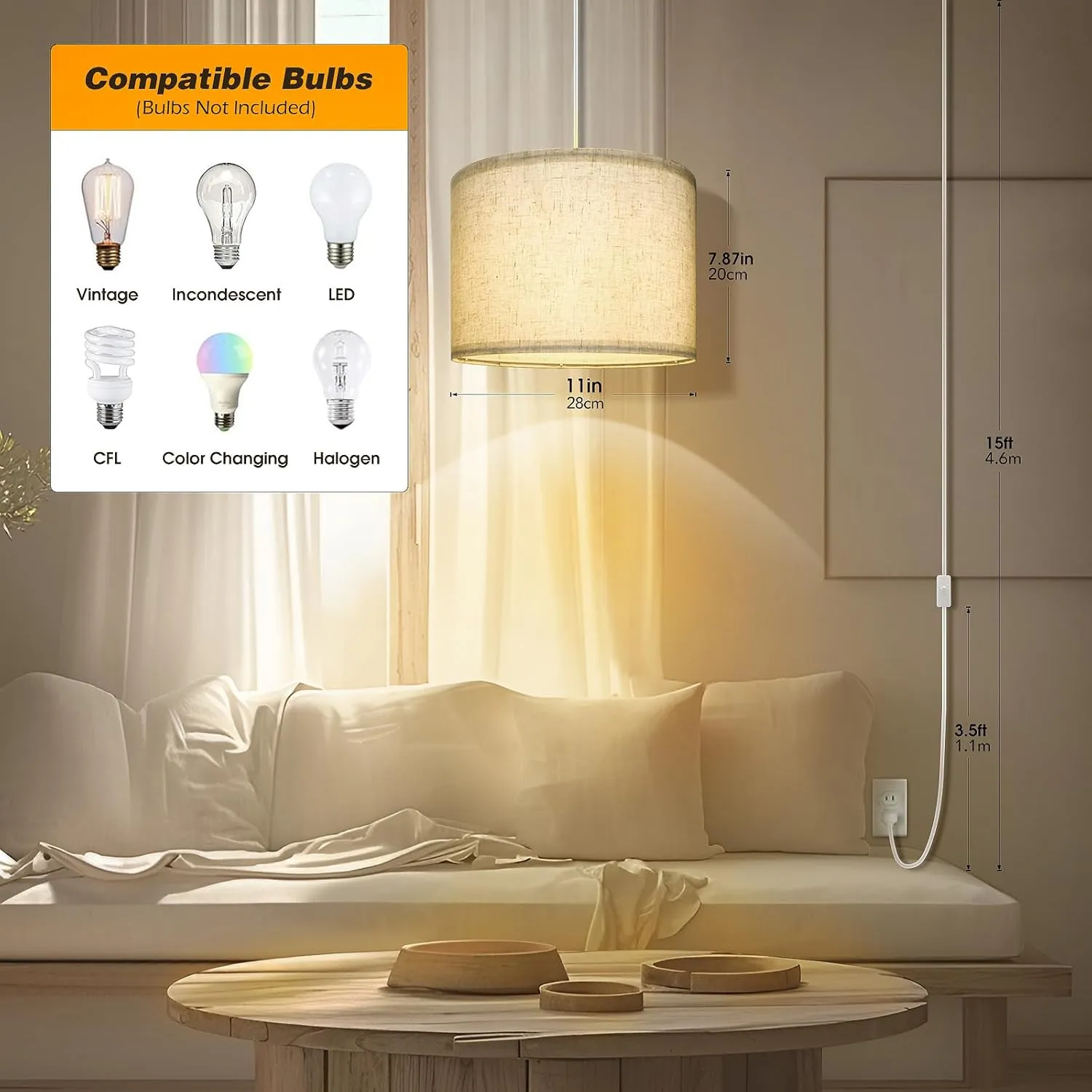Plug in Pendant Light,15 FT Hanging Lamp with Plug in Cord, On/Off Switch, Beige Linen Shade, Hanging Light Fixture for Bedroom, Living Room, Dining Room, Kitchen