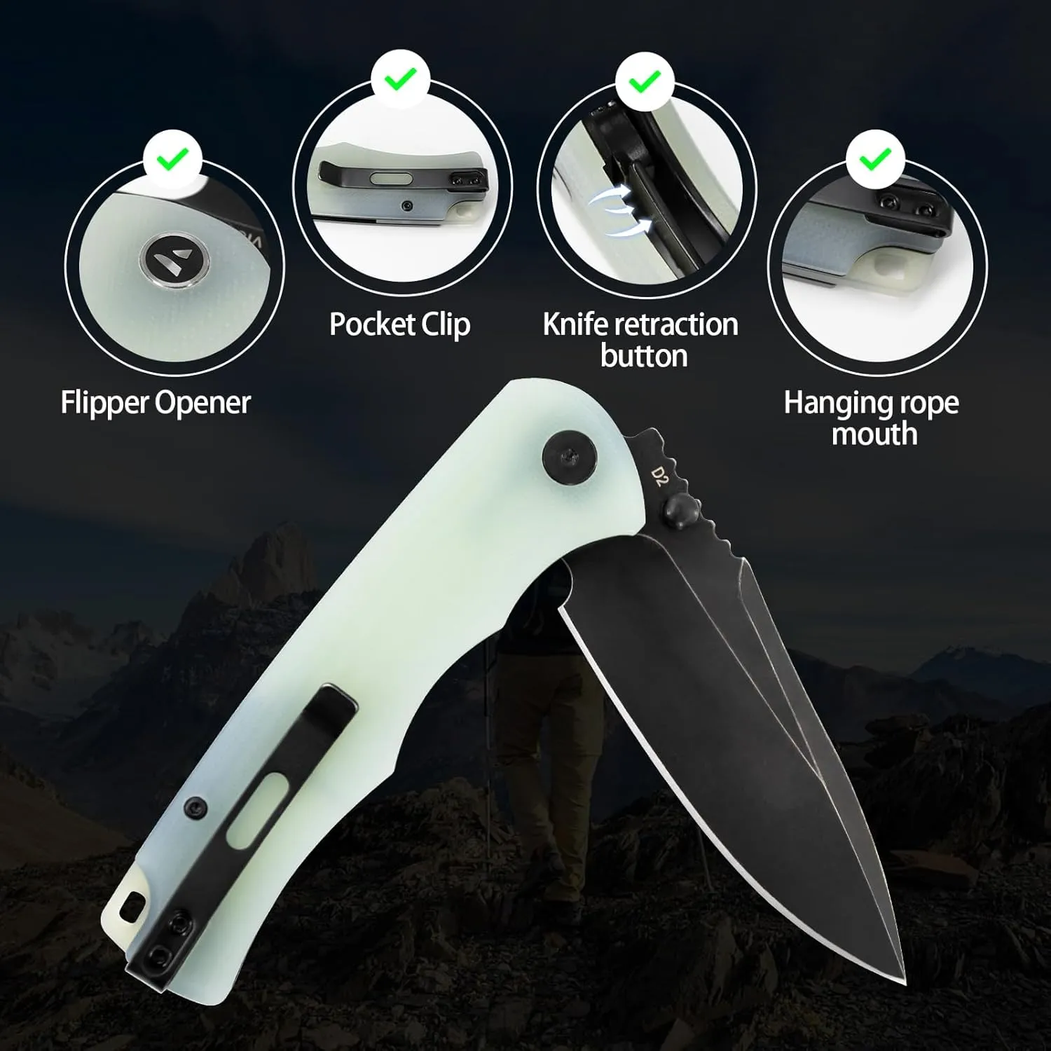 Pocket Knife Hunting knives knives for men D2 Steel Blade G10 Handle EDC Knife with Pocket Sharp Camping Survival Hiking Knives Green