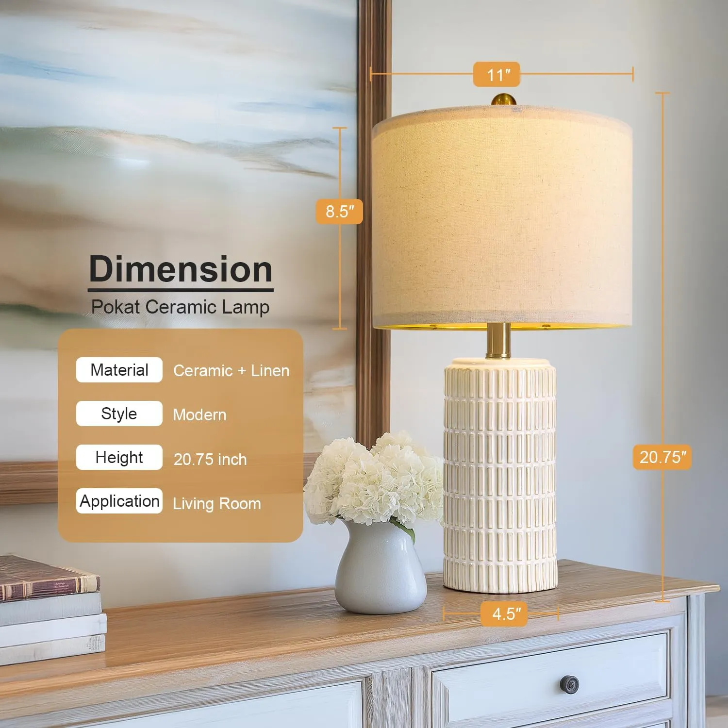 PoKat 20" Small Modern Ceramic Table Lamps Set of 2 for Bedroom, White Bedside Lamps for Night Stands, Farmhouse Decor Nightstand Table Lamps for Living Room End Table Beige