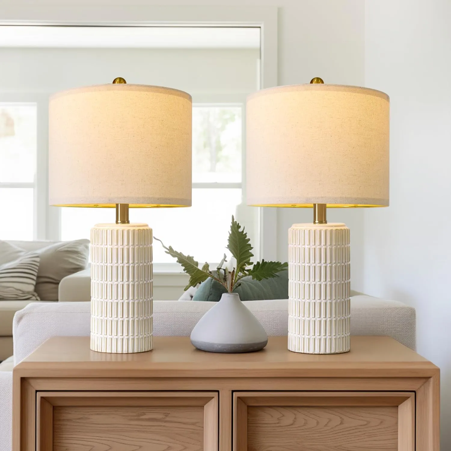 PoKat 20" Small Modern Ceramic Table Lamps Set of 2 for Bedroom, White Bedside Lamps for Night Stands, Farmhouse Decor Nightstand Table Lamps for Living Room End Table Beige
