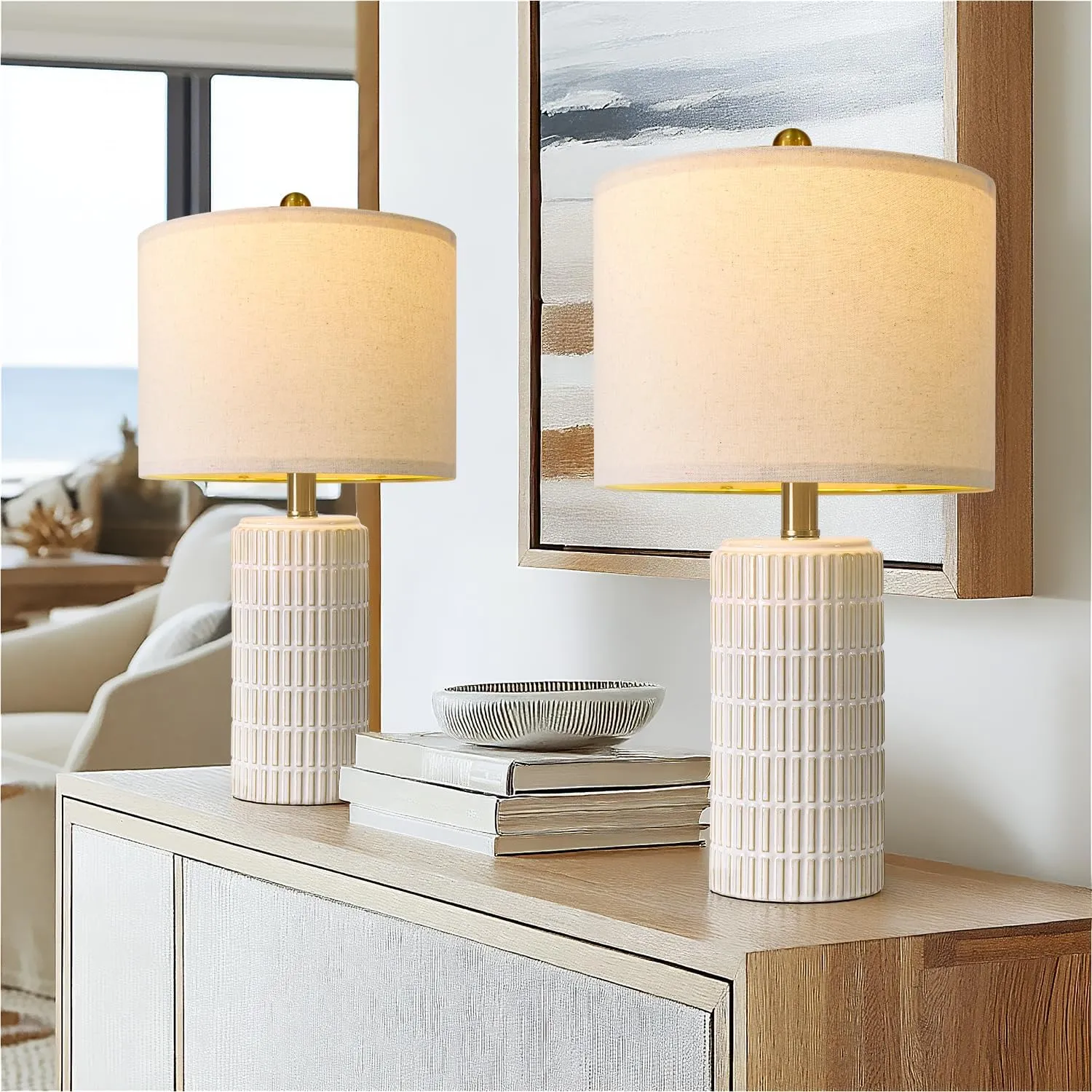 PoKat 20" Small Modern Ceramic Table Lamps Set of 2 for Bedroom, White Bedside Lamps for Night Stands, Farmhouse Decor Nightstand Table Lamps for Living Room End Table Beige