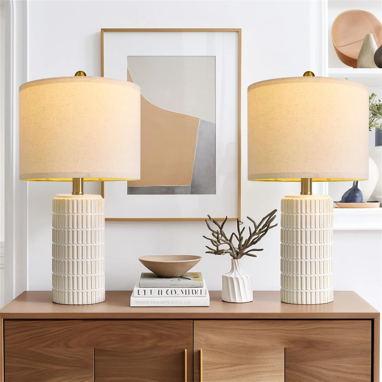 PoKat 20" Small Modern Ceramic Table Lamps Set of 2 for Bedroom, White Bedside Lamps for Night Stands, Farmhouse Decor Nightstand Table Lamps for Living Room End Table Beige