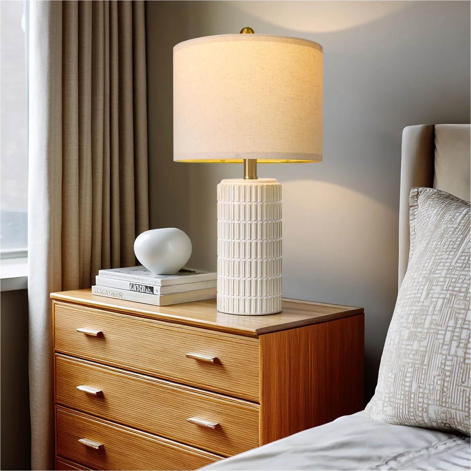 PoKat 20" Small Modern Ceramic Table Lamps Set of 2 for Bedroom, White Bedside Lamps for Night Stands, Farmhouse Decor Nightstand Table Lamps for Living Room End Table Beige