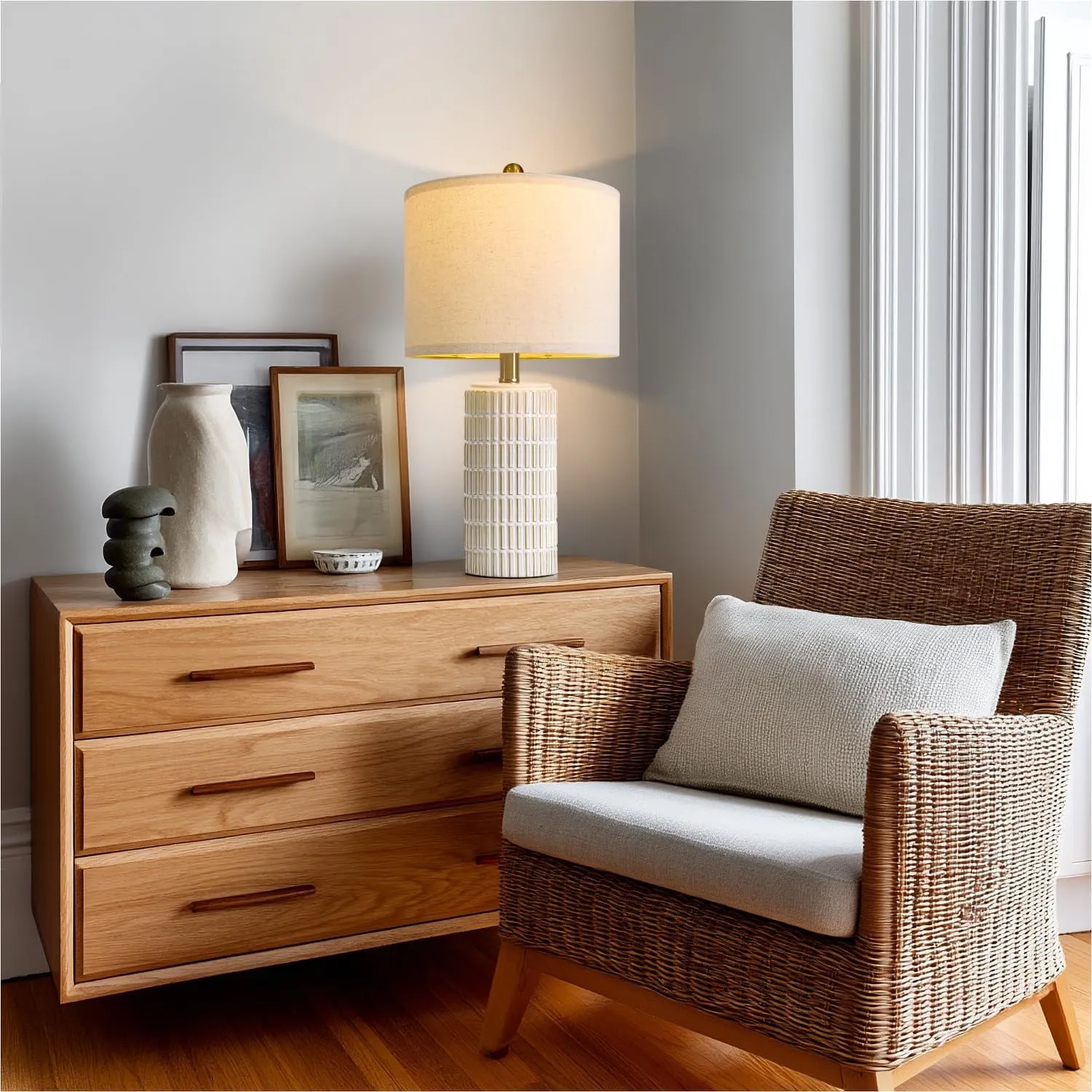 PoKat 20" Small Modern Ceramic Table Lamps Set of 2 for Bedroom, White Bedside Lamps for Night Stands, Farmhouse Decor Nightstand Table Lamps for Living Room End Table Beige