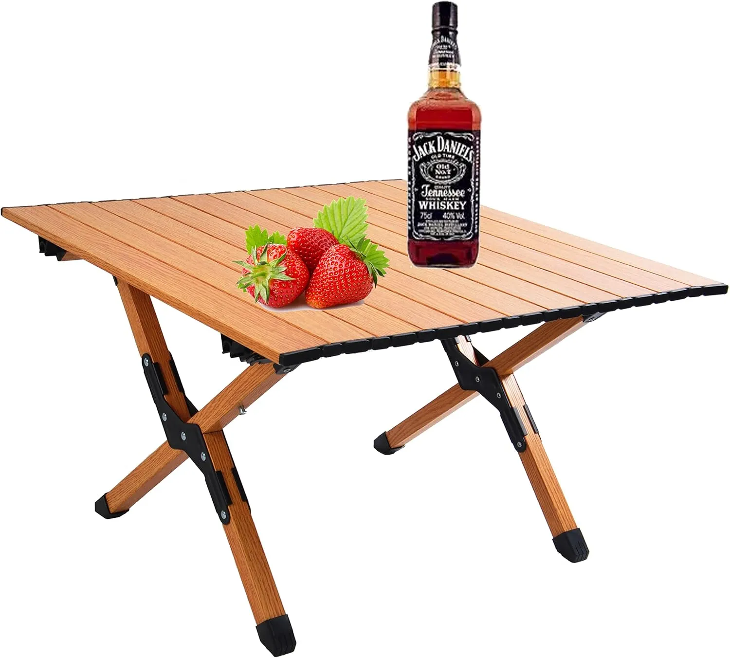 Portable Camping Table with Rollable Aluminum Top and Folding X-Shaped Frame, Compact Design for 4-6 People, Brown White