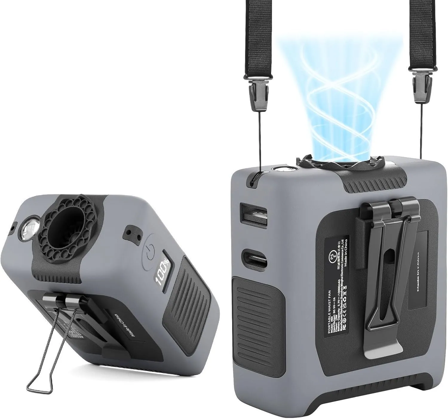 Portable Fan Wearable Personal Fan with 5 Speed Max 55 Working Hours Low Noise Portable Neck Fans Cooling Waist Fans for Camping Traveling LED Light Power Display 10000mAh Rechargeable(Gray)