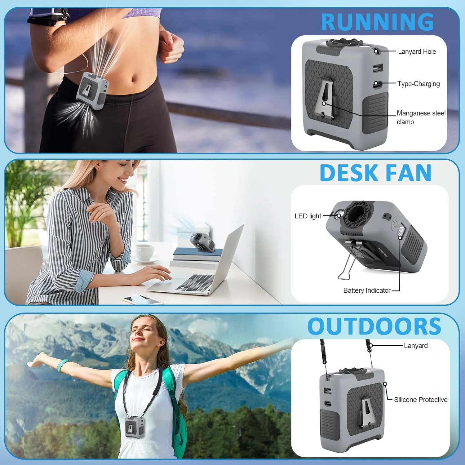 Portable Fan Wearable Personal Fan with 5 Speed Max 55 Working Hours Low Noise Portable Neck Fans Cooling Waist Fans for Camping Traveling LED Light Power Display 10000mAh Rechargeable(Gray)