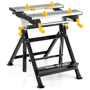 Portable Workbench, Folding Work Bench and Vise with 2 Rotary Handles, 7-Level Adjustable Height, 8 Sliding Clamps, Tiltable & Extendable Tabletop, Workbench Table for Garage, Workshop
