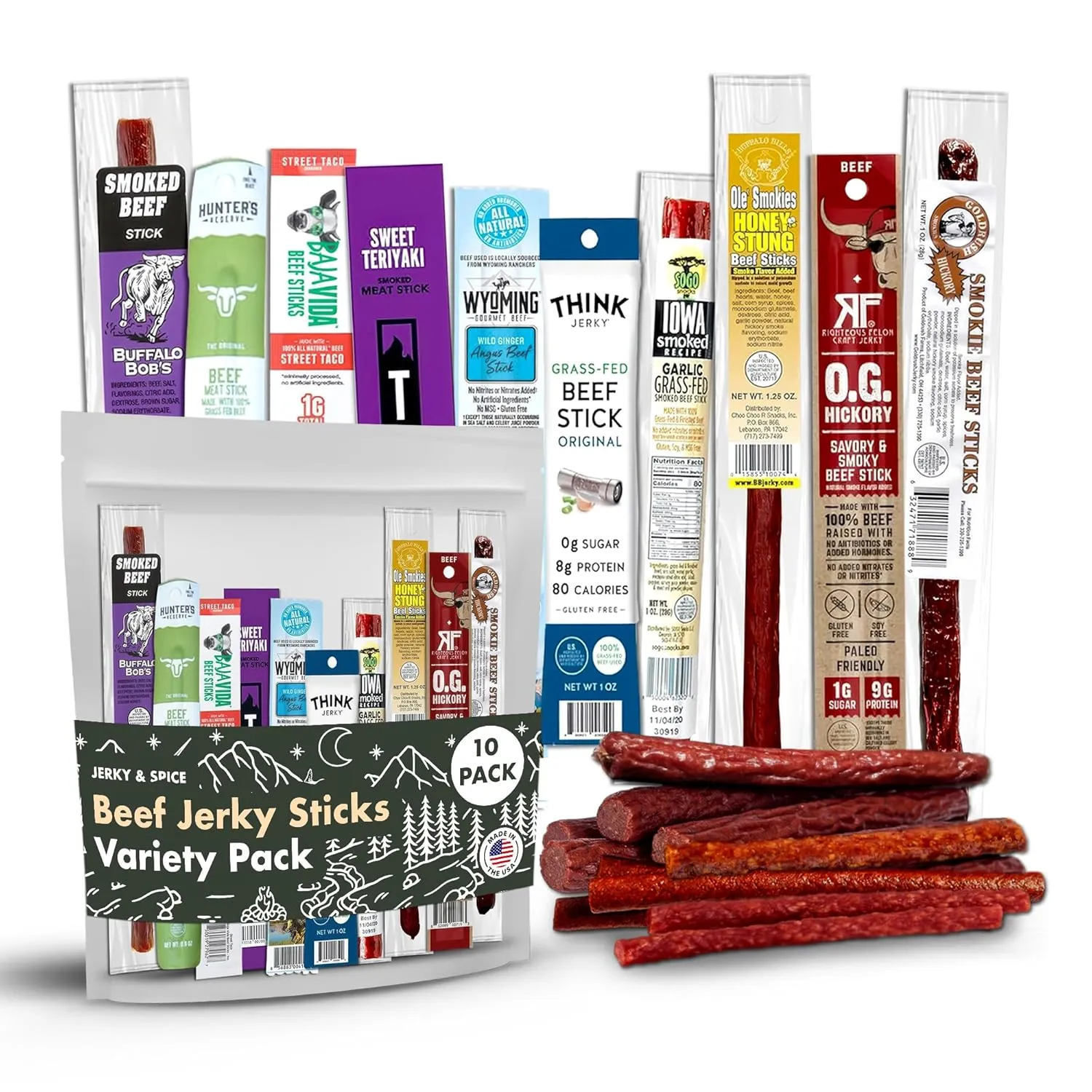 Premium Beef Stick Variety Pack (10 Count), High Protein Beef Sticks Snacks, Unique Beef Gift for Adults, Beef Jerky Gifts For Men, Healthy Beef Stick Bouquet, Ideal for Birthdays & Loved Ones