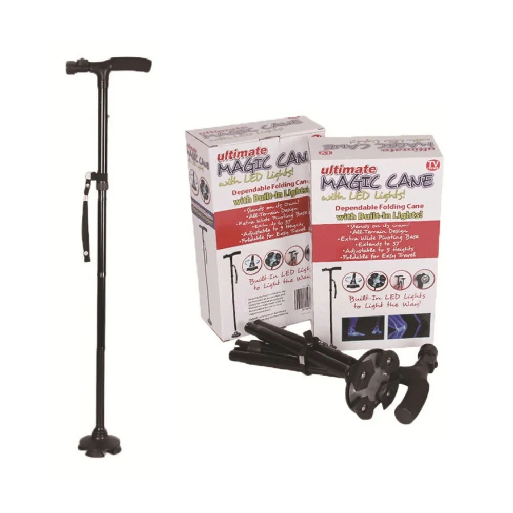 Premium Collapsible Telescopic Cane with LED Light & Alarm – Adjustable Elder Walking Stick with 4-Feet Base for Stability, Folding Design for Easy Travel, Perfect for Seniors & Elderly Use
