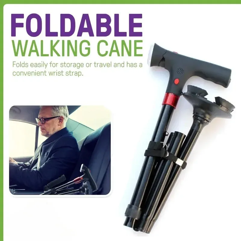 Premium Collapsible Telescopic Cane with LED Light & Alarm – Adjustable Elder Walking Stick with 4-Feet Base for Stability, Folding Design for Easy Travel, Perfect for Seniors & Elderly Use