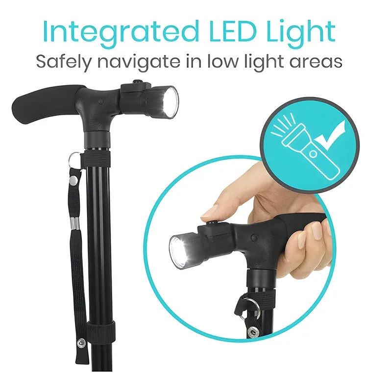 Premium Collapsible Telescopic Cane with LED Light & Alarm – Adjustable Elder Walking Stick with 4-Feet Base for Stability, Folding Design for Easy Travel, Perfect for Seniors & Elderly Use