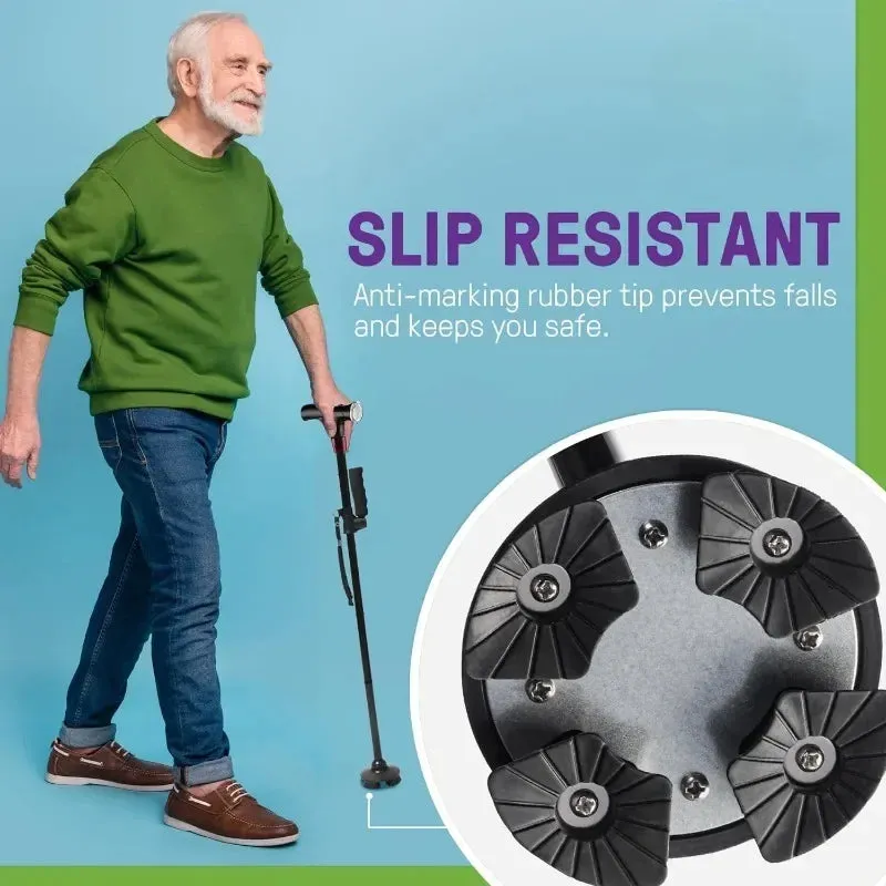 Premium Collapsible Telescopic Cane with LED Light & Alarm – Adjustable Elder Walking Stick with 4-Feet Base for Stability, Folding Design for Easy Travel, Perfect for Seniors & Elderly Use