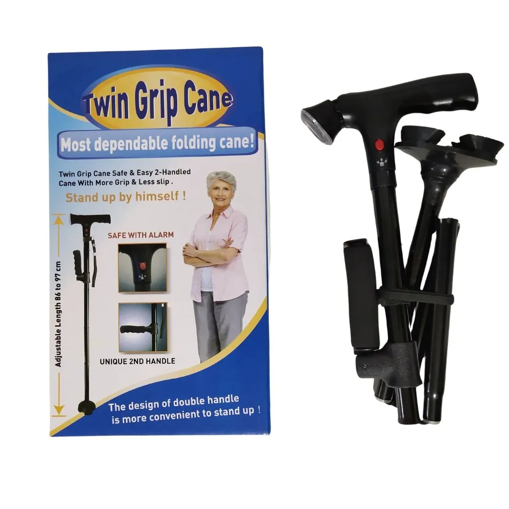 Premium Collapsible Telescopic Cane with LED Light & Alarm – Adjustable Elder Walking Stick with 4-Feet Base for Stability, Folding Design for Easy Travel, Perfect for Seniors & Elderly Use