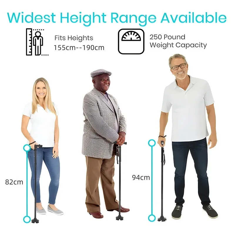 Premium Collapsible Telescopic Cane with LED Light & Alarm – Adjustable Elder Walking Stick with 4-Feet Base for Stability, Folding Design for Easy Travel, Perfect for Seniors & Elderly Use