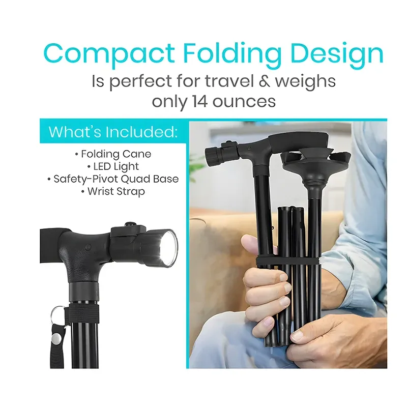 Premium Collapsible Telescopic Cane with LED Light & Alarm – Adjustable Elder Walking Stick with 4-Feet Base for Stability, Folding Design for Easy Travel, Perfect for Seniors & Elderly Use