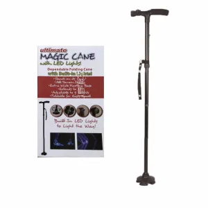 Premium Collapsible Telescopic Cane with LED Light & Alarm – Adjustable Elder Walking Stick with 4-Feet Base for Stability, Folding Design for Easy Travel, Perfect for Seniors & Elderly Use