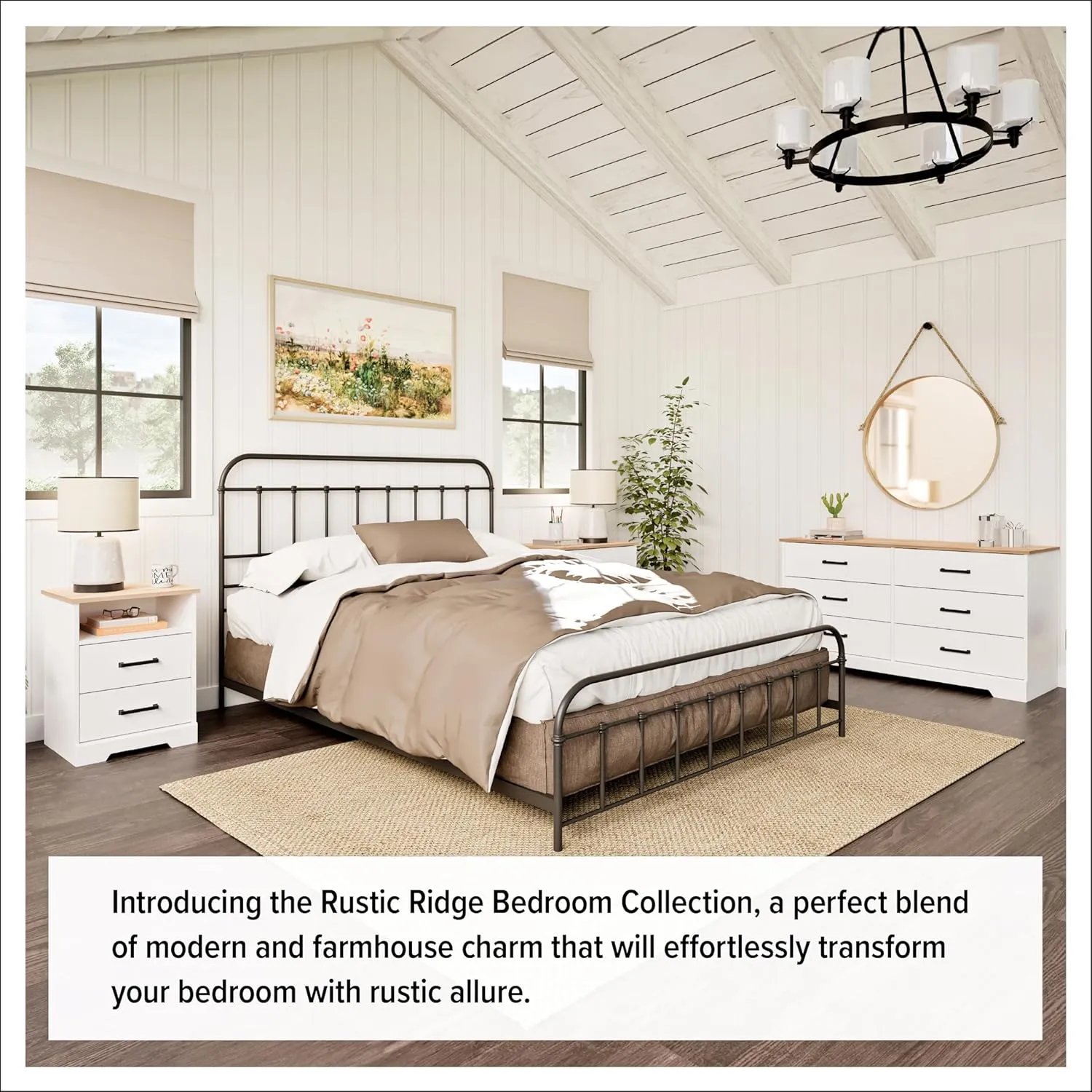 Prepac Rustic Ridge Farmhouse Nightstand Bedside Table, White and Oak Nightstand for Bedroom, End Table with 2 Drawers and Open Shelf 16.25" D x 18.75" W x 24.5" H