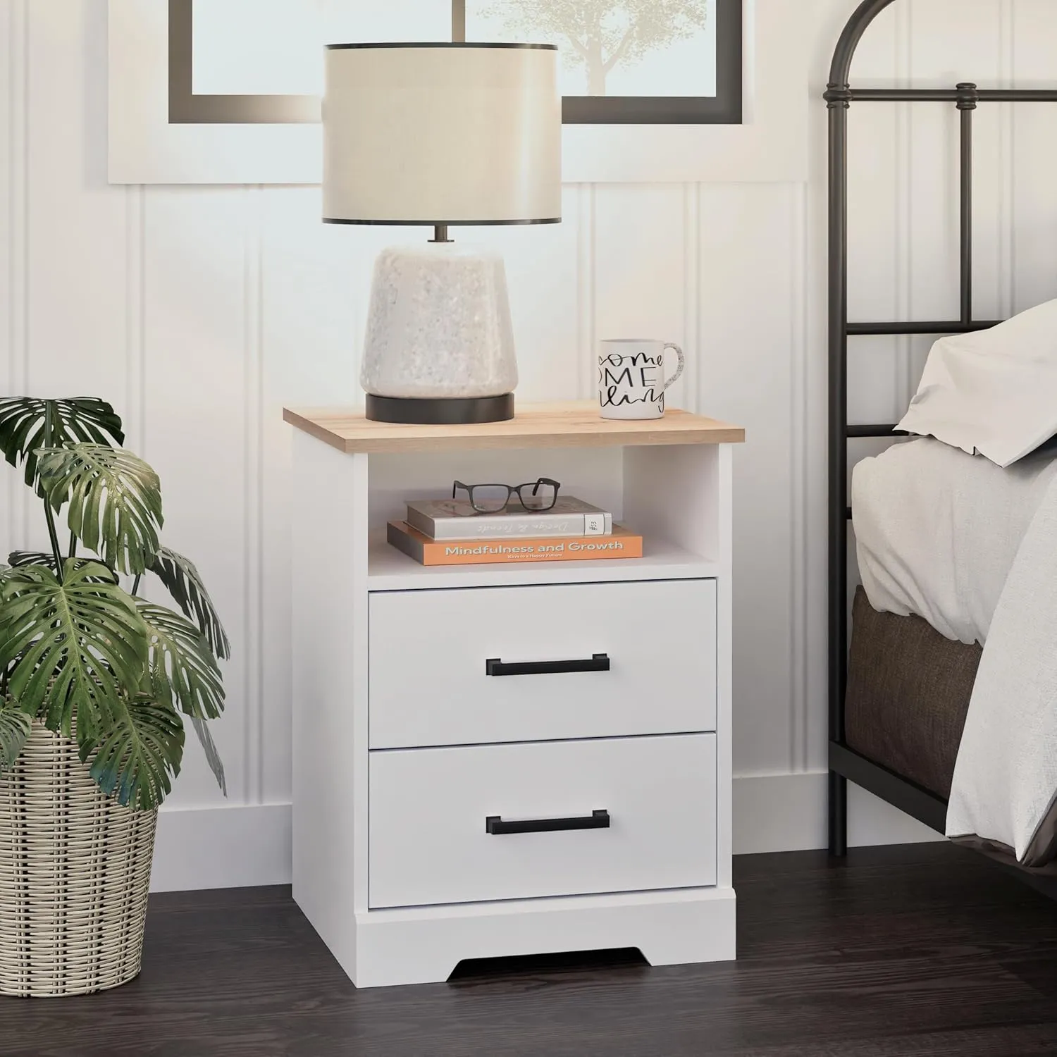 Prepac Rustic Ridge Farmhouse Nightstand Bedside Table, White and Oak Nightstand for Bedroom, End Table with 2 Drawers and Open Shelf 16.25" D x 18.75" W x 24.5" H