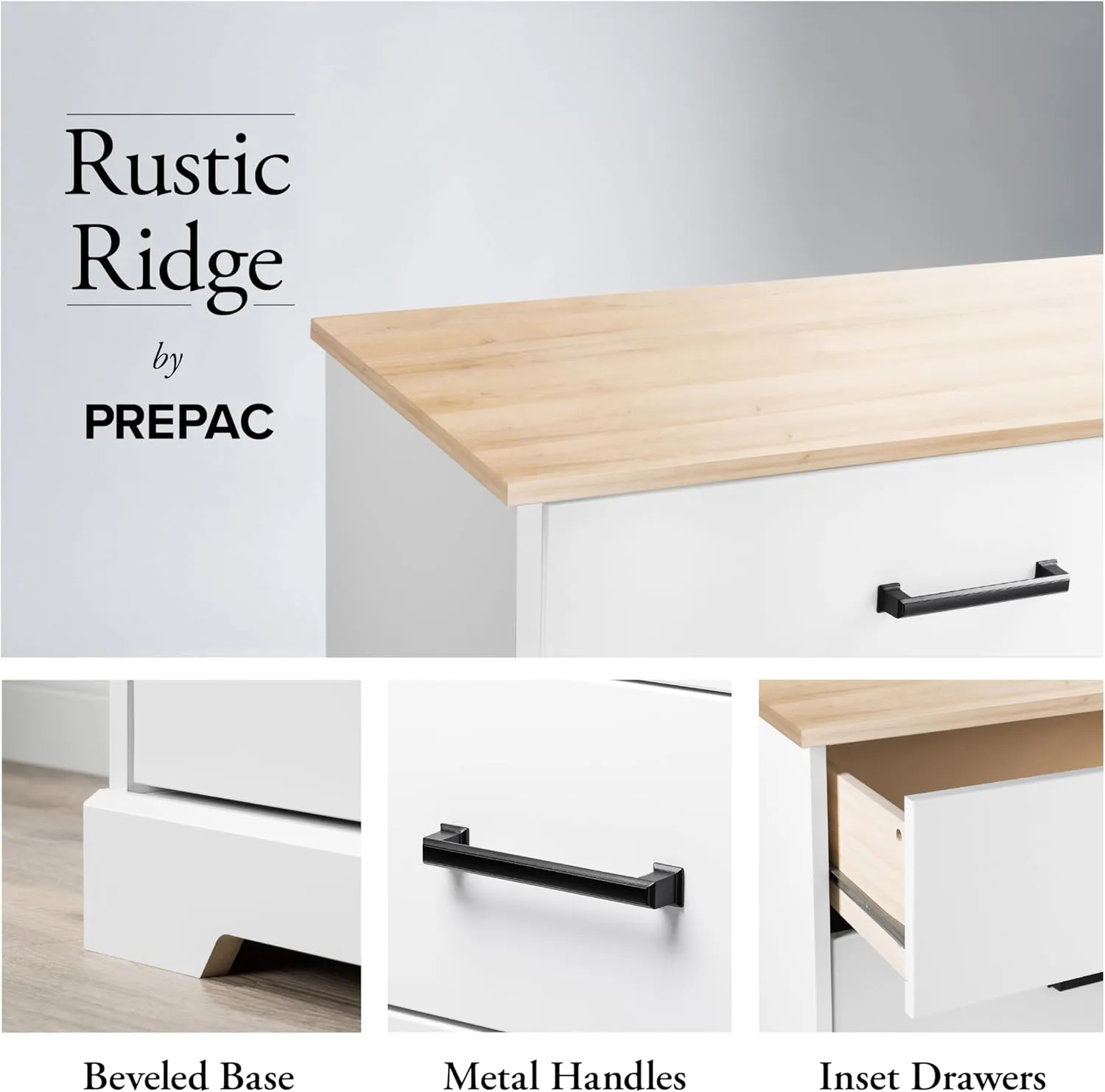 Prepac Rustic Ridge Farmhouse Nightstand Bedside Table, White and Oak Nightstand for Bedroom, End Table with 2 Drawers and Open Shelf 16.25" D x 18.75" W x 24.5" H