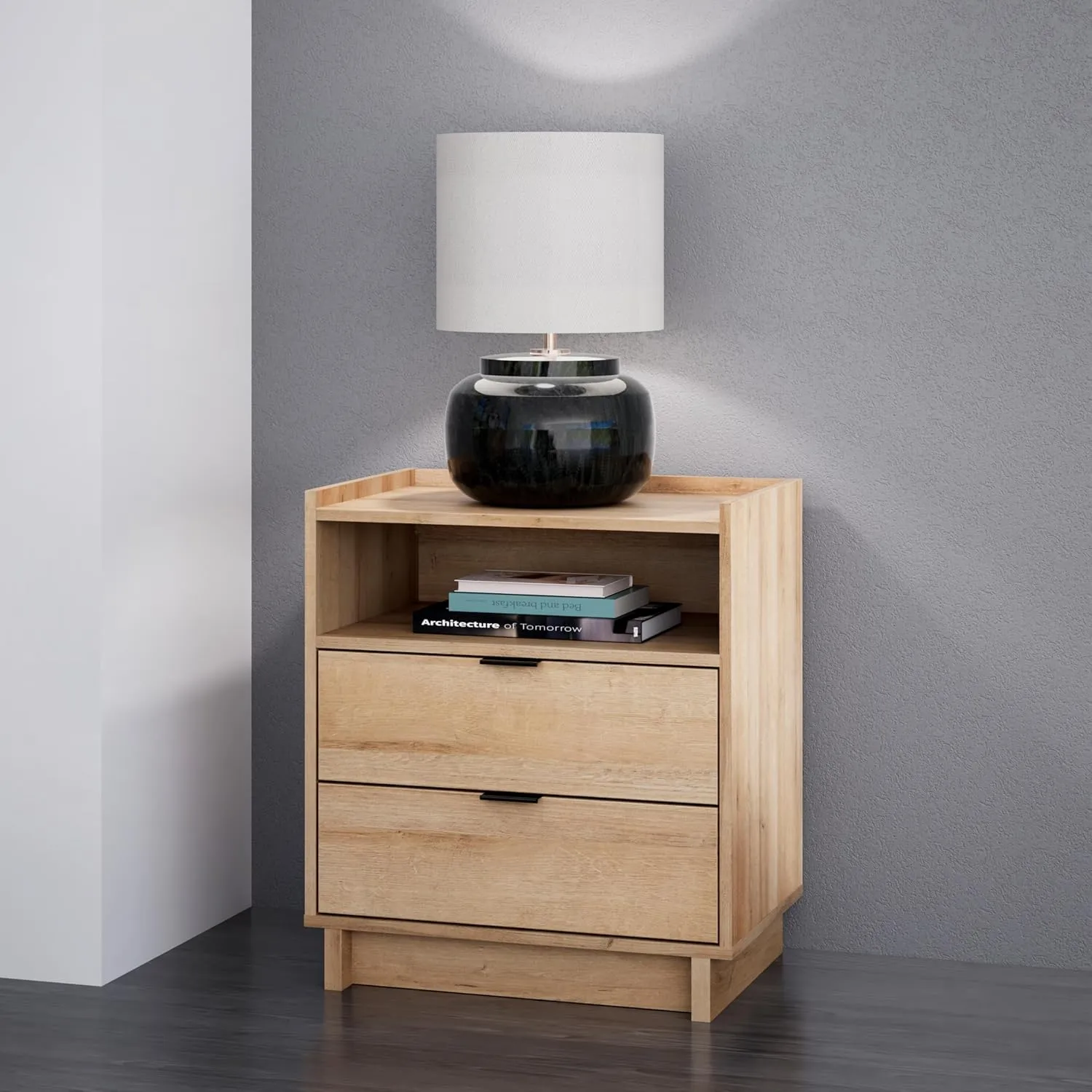 Prepac Simply Modern Nightstand Bedside Table, Natural Oak Nightstand for Bedroom, End Table with 2 Drawers and Open Shelf 23.75" W x 26.75" H x 16" D