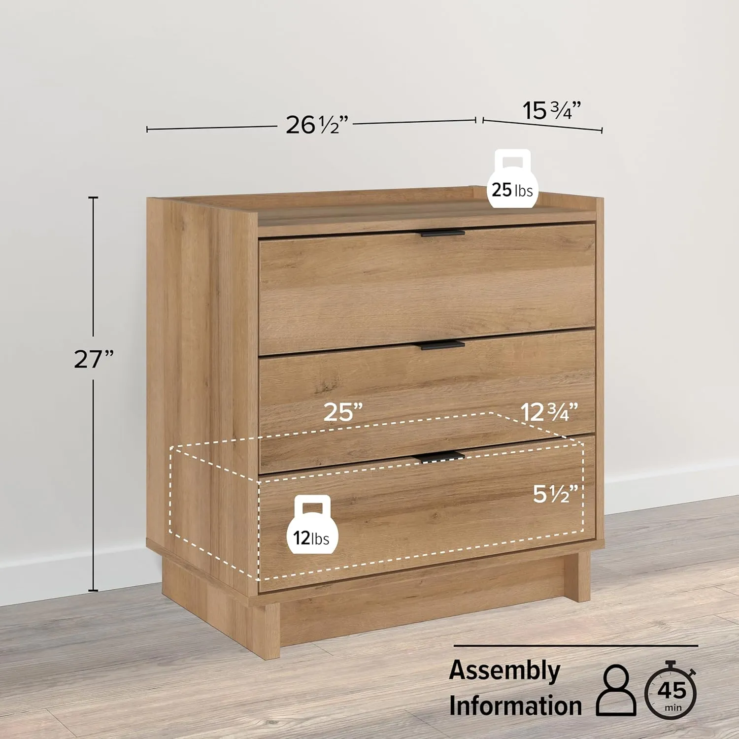 Prepac Simply Modern Nightstand Bedside Table, Natural Oak Nightstand for Bedroom, End Table with 3 Drawers 26.5" W x 26.75" H x 16" D