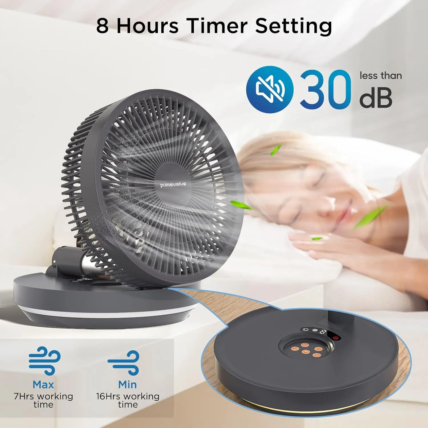 Primevolve Portable Rechargeable Oscillating Fan, Battery Operated Fan Adjustable Height, USB Home Office Outdoor Camping Travel, Dark Gray 10"