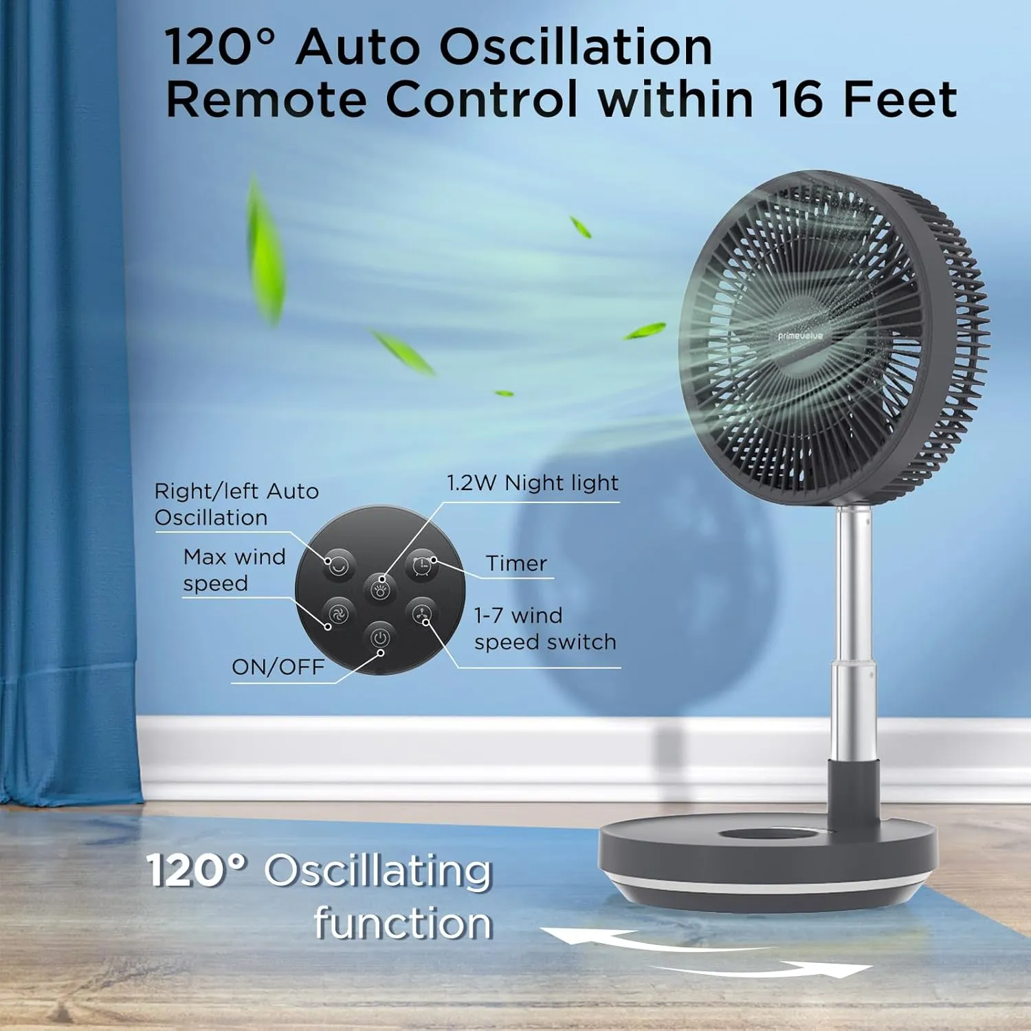 Primevolve Portable Rechargeable Oscillating Fan, Battery Operated Fan Adjustable Height, USB Home Office Outdoor Camping Travel, Dark Gray 10"