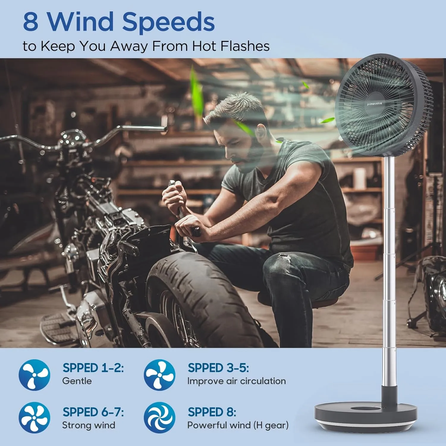 Primevolve Portable Rechargeable Oscillating Fan, Battery Operated Fan Adjustable Height, USB Home Office Outdoor Camping Travel, Dark Gray 10"