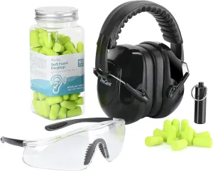 ProCase Shooting Ear Protection Earmuffs, Gun Eye Protection and 60 Pairs Earplugs for Shooting, 4 in 1 Gun Range Safety Equipment Kit -Black