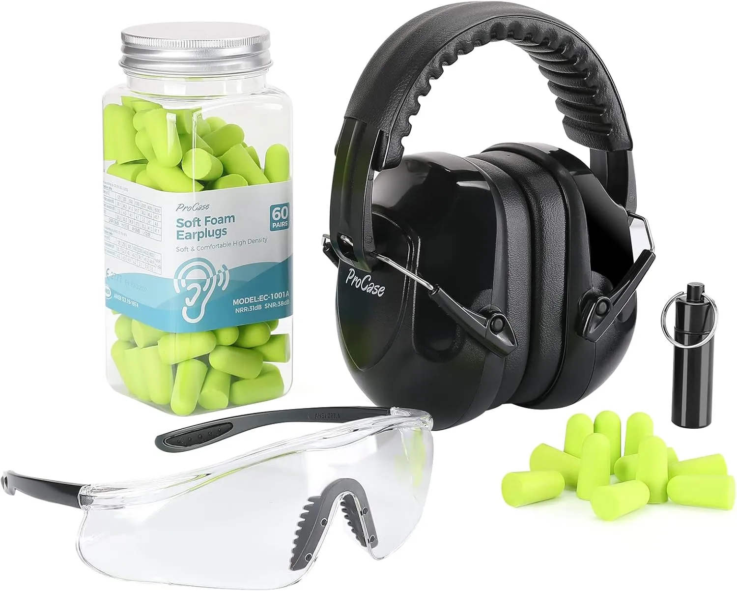 ProCase Shooting Ear Protection Earmuffs, Gun Eye Protection and 60 Pairs Earplugs for Shooting, 4 in 1 Gun Range Safety Equipment Kit -Black