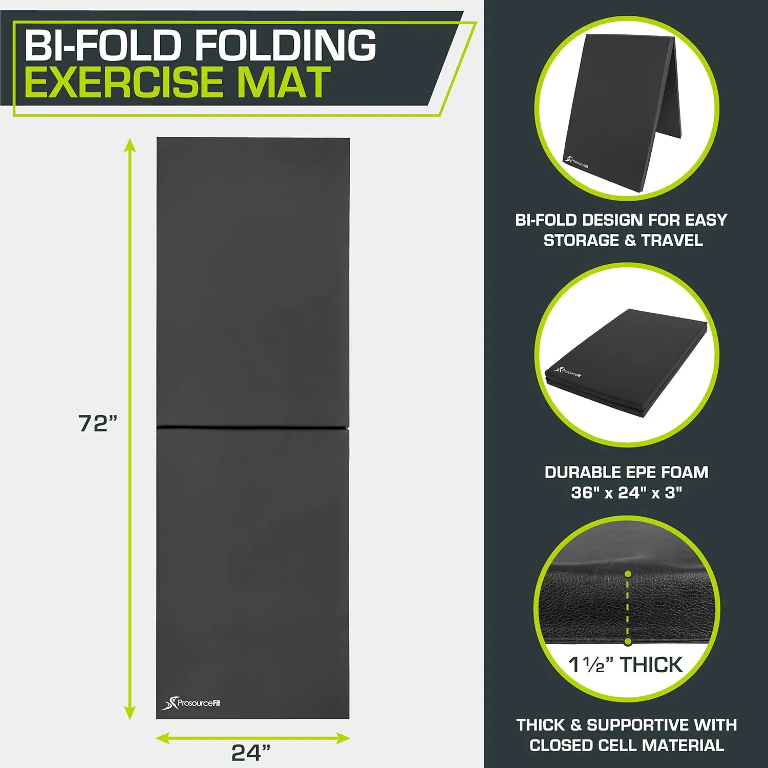 ProsourceFit Bi-Fold Folding Thick Exercise Mat 6’x2’ with Carrying Handles for MMA, Gymnastics Core Workouts, Grey