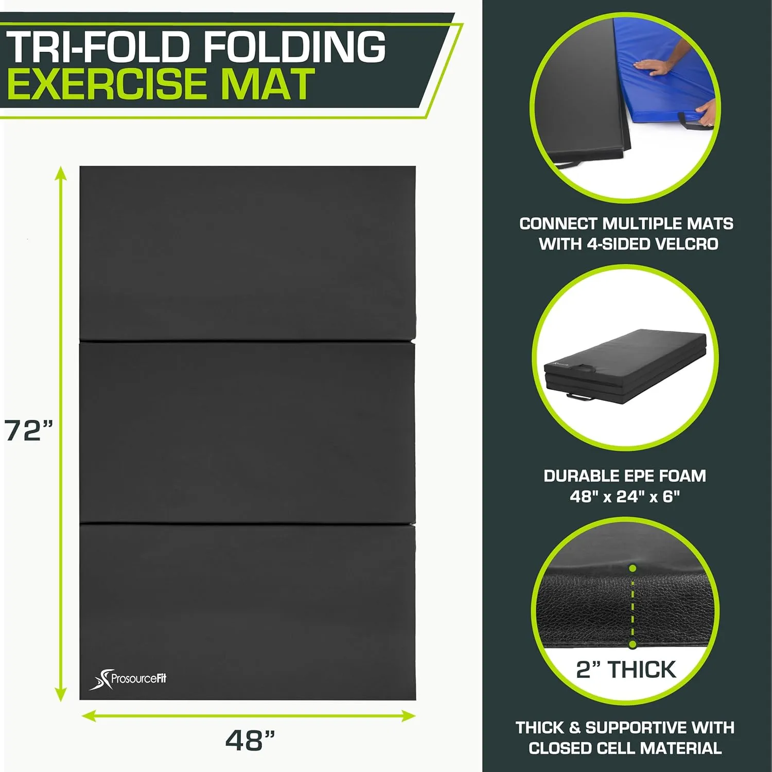 ProsourceFit Tri-Fold Folding Thick Exercise Mat 6’x4’ with Carrying Handles for Tumbling, Martial Arts, Gymnastics, Stretching, Core Workouts, Blue