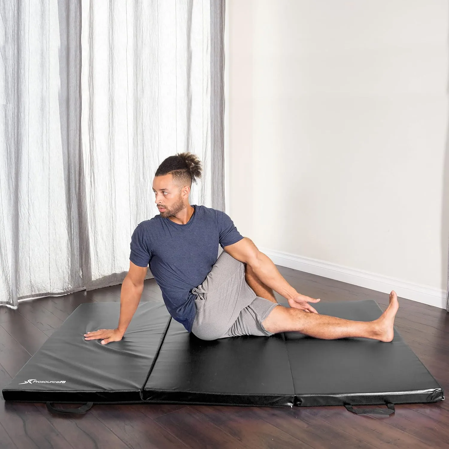 ProsourceFit Tri-Fold Folding Thick Exercise Mat 6’x4’ with Carrying Handles for Tumbling, Martial Arts, Gymnastics, Stretching, Core Workouts, Blue