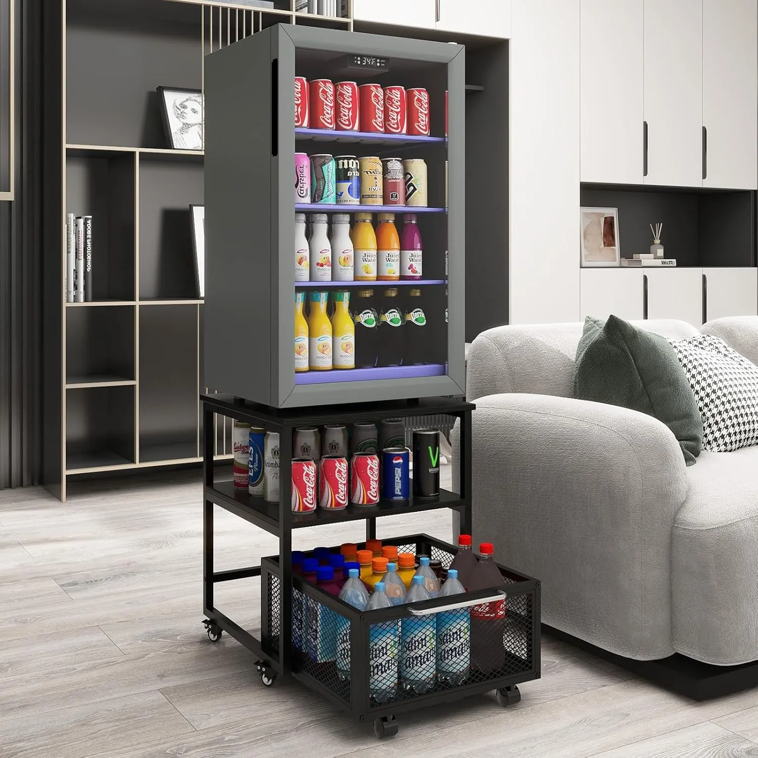 PUNCIA 19.7x19.7in Mini Fridge Stand with Storage and Wheels Heavy Duty Mini Fridge with Adjustable Shelf Table Beverage Refrigerator Stand for Coffee Bar Fridge Cart for Office Home Dorm Apartment