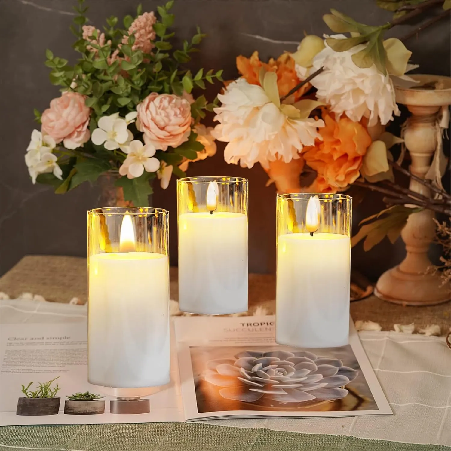 Pure White Candle Lights, Plexiglass Flickering Flameless Candles with 2 Remote and Timer, 5 (D 3"×H 4" 4" 5" 5" 6") Pack Large Pillar Candles Battery Operated for Home and Holiday Decoration