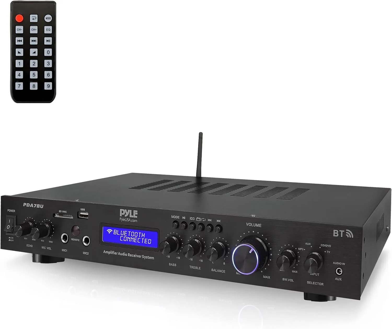 Pyle 5-Channel Rack Mount Bluetooth Receiver & Home Theater Amp - 200W Speaker Amplifier with MP3/USB/SD/AUX/FM - Digital ID3 LCD Display - Wireless Streaming - Built-In Microphone Input - PDA7BU