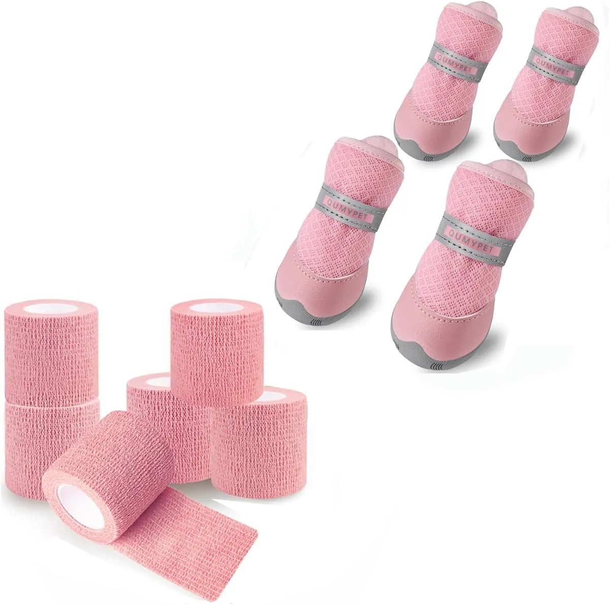QUMY Pink Mesh Dog Shoes Small Size 1 and 6 Pack Self-Adhesive Bandage for Outdoor Walking, Hiking, Riding, Driving, Boating